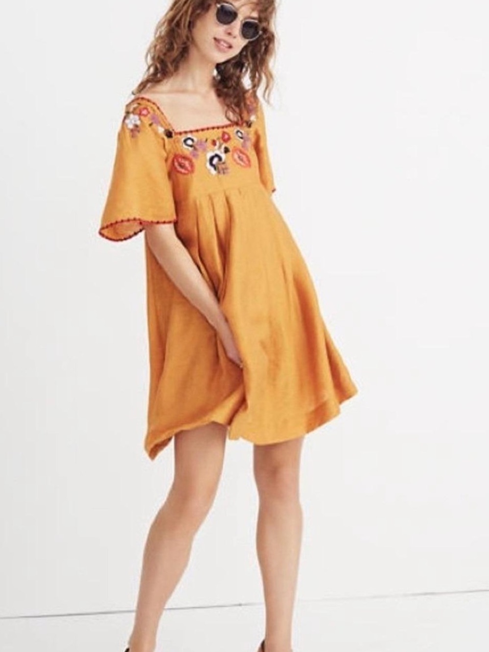 Madewell Mustard Embroidered Square-Neck Mini Dress